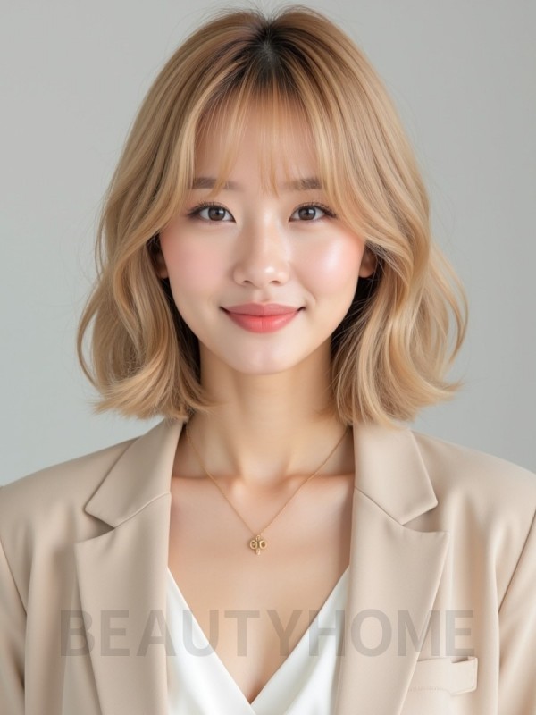 골든 블론드 턱선 스택 단발+풀뱅