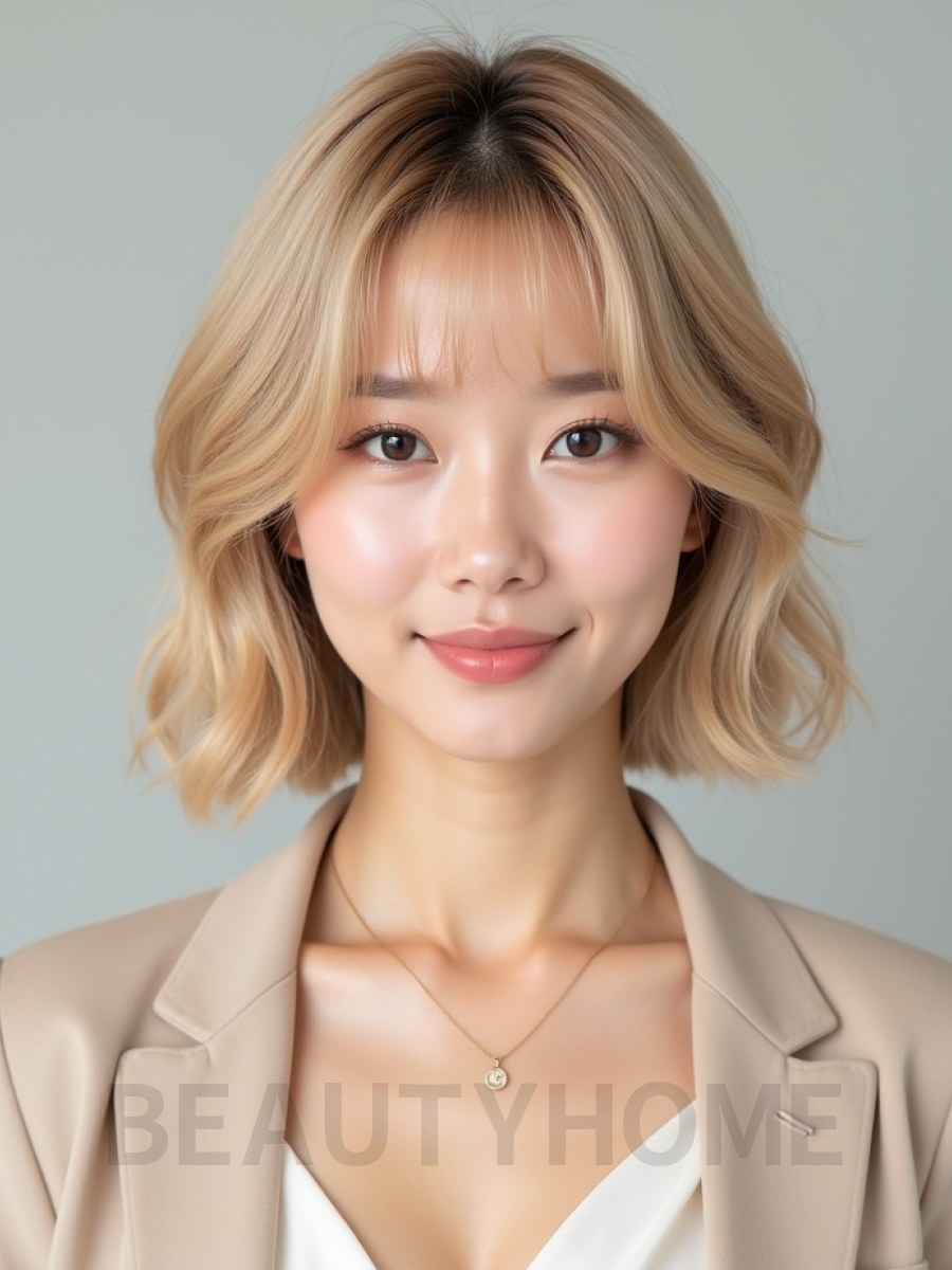 골든 블론드 귀밑 그라데이션 단발+시스루뱅