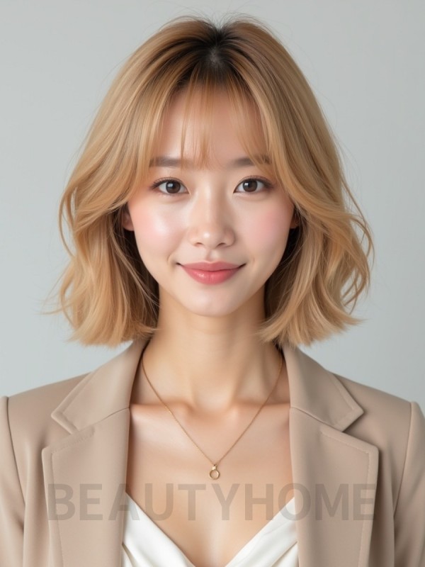 골든 블론드 귀밑 블런트 단발+커튼뱅