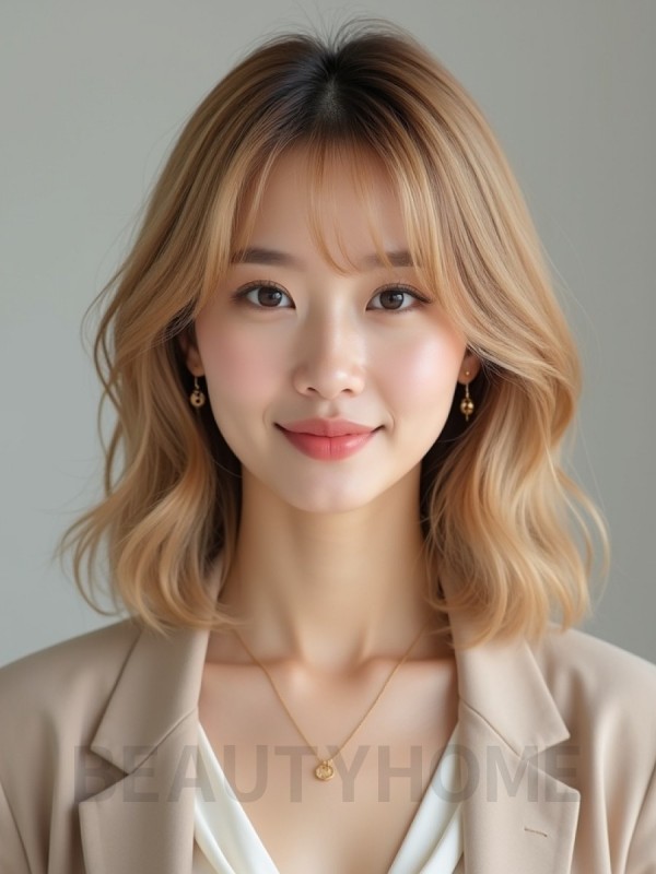 골든 블론드 귀밑 레이어드 단발+사이드뱅