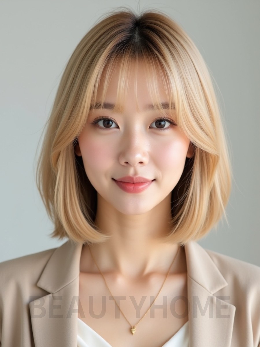 골든 블론드 턱선 스트레이트 단발+시스루뱅