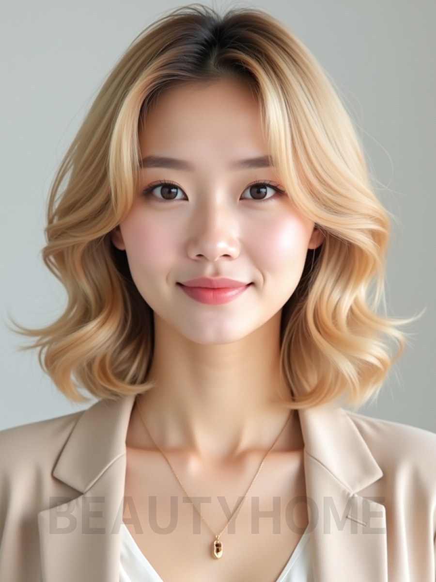 골든 블론드 턱선 컬 단발+커튼뱅