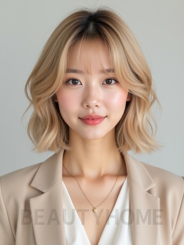 골든 블론드 귀밑 스택 단발+커튼뱅