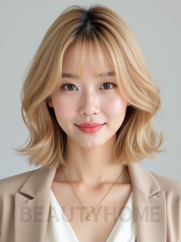 골든 블론드 턱선 인버티드 단발+사이드뱅