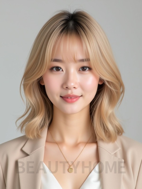 골든 블론드 턱선 그라데이션 단발+커튼뱅