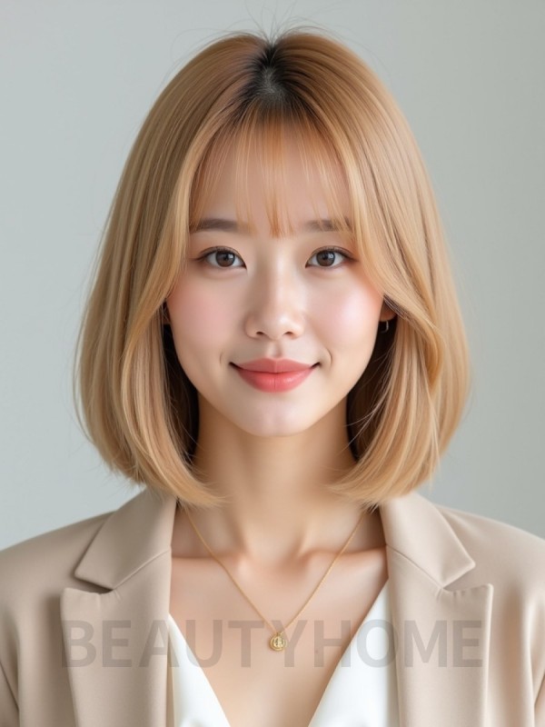 골든 블론드 턱선 스트레이트 단발+뱅