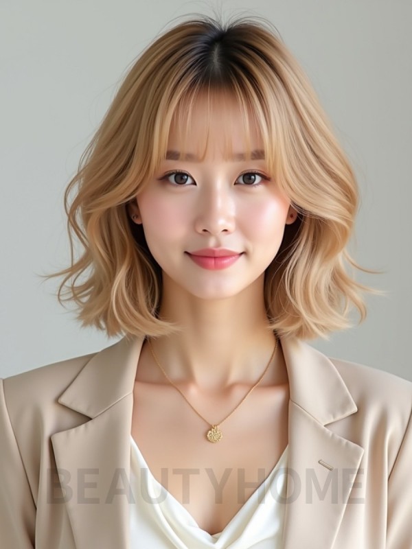 골든 블론드 턱선 컬 단발+뱅