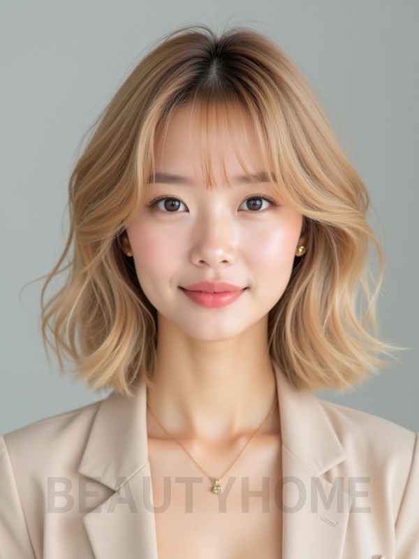 골든 블론드 턱선 웨이브 단발+풀뱅