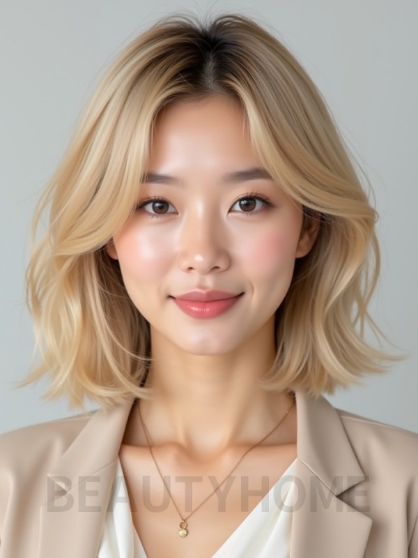 골든 블론드 턱선 텍스처 단발