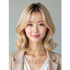 골든 블론드 턱선 레이어드 단발+커튼뱅