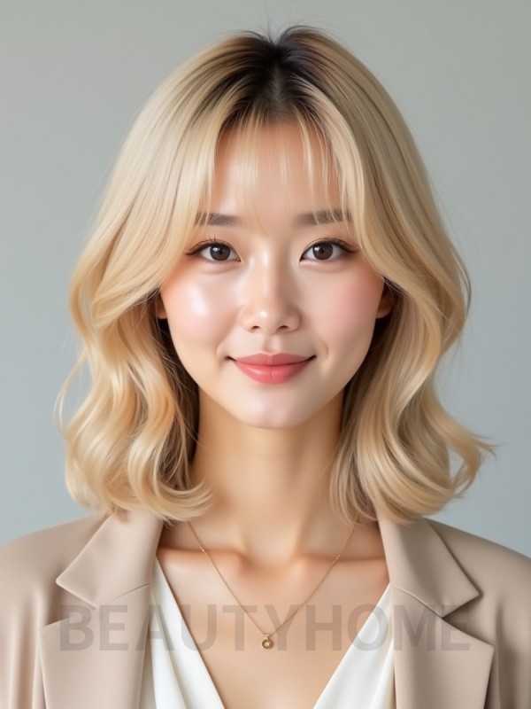 골든 블론드 턱선 레이어드 단발+커튼뱅
