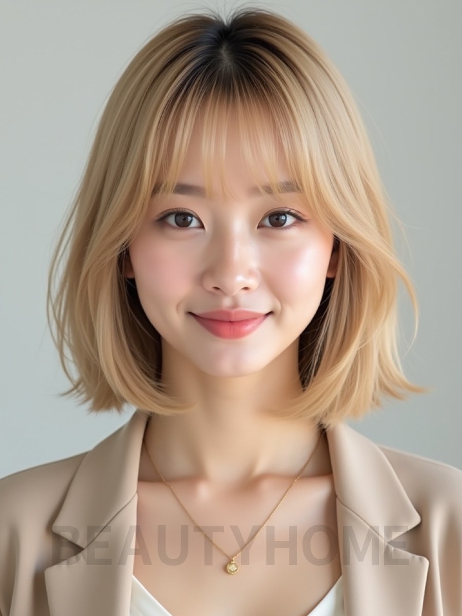 골든 블론드 귀밑 스트레이트 단발+풀뱅