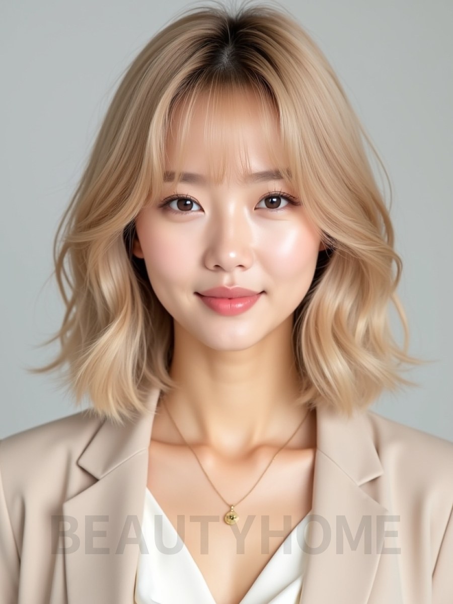 골든 블론드 귀밑 스택 단발+풀뱅