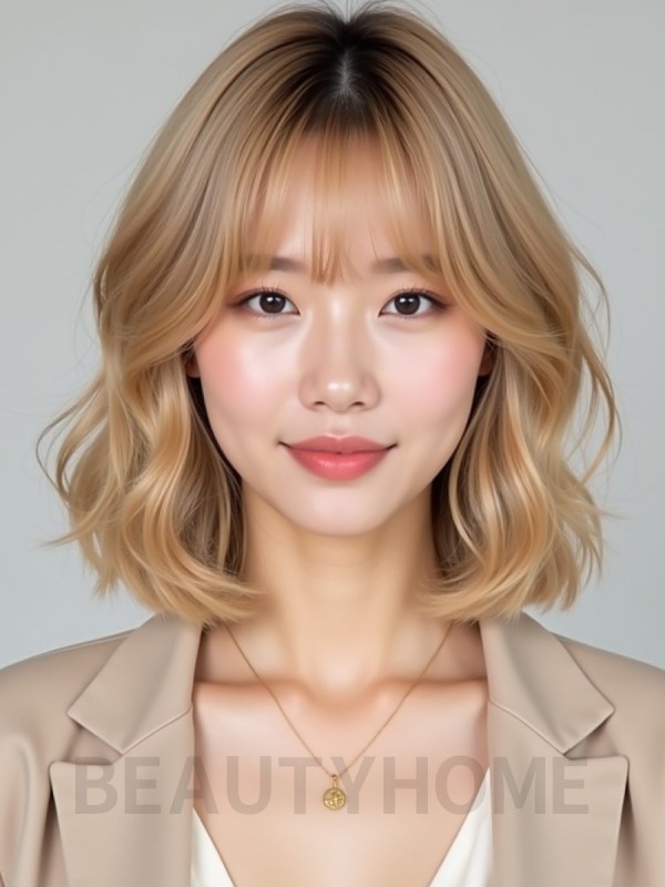 골든 블론드 턱선 웨이브 단발+뱅