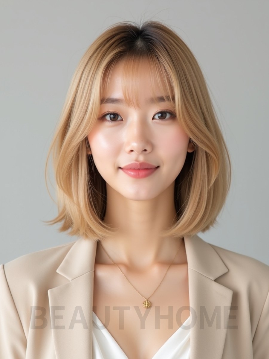 골든 블론드 턱밑 스트레이트 단발+시스루뱅
