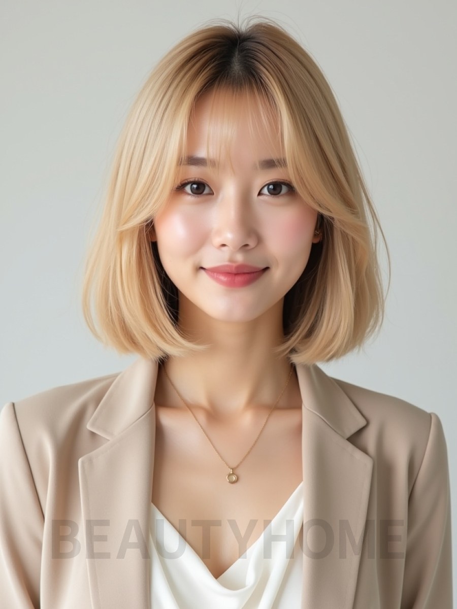 골든 블론드 턱선 스트레이트 단발+커튼뱅