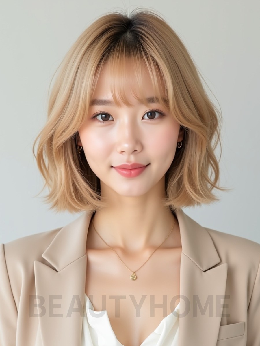 골든 블론드 귀밑 블런트 단발+뱅