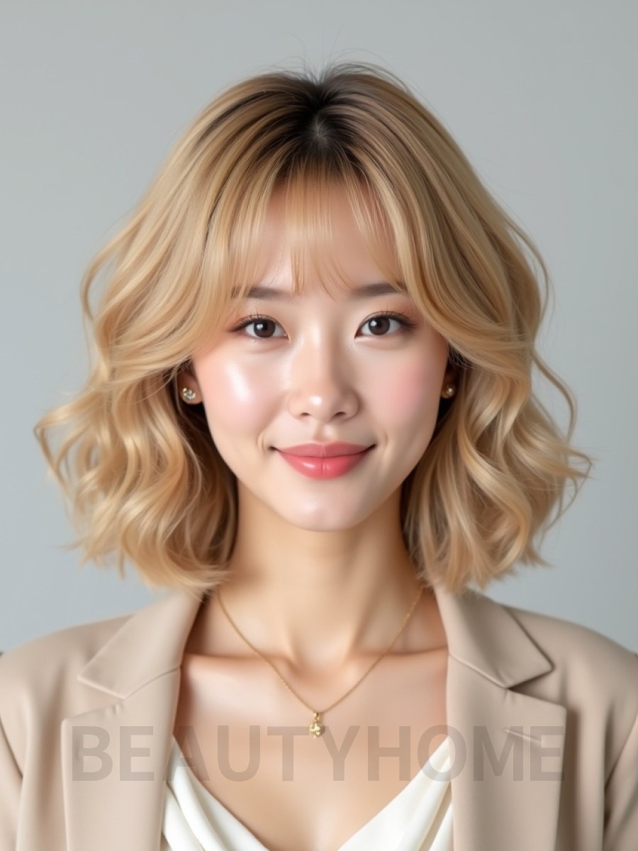 골든 블론드 귀밑 컬 단발+풀뱅