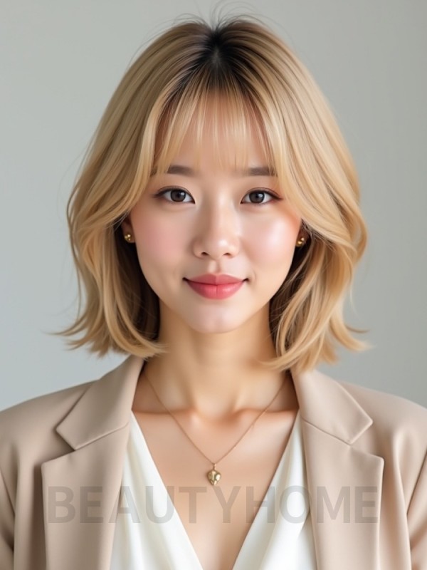 골든 블론드 턱선 텍스처 단발+뱅
