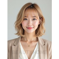 골든 블론드 턱선 비대칭 단발+사이드뱅