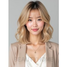 골든 블론드 귀밑 웨이브 단발+시스루뱅