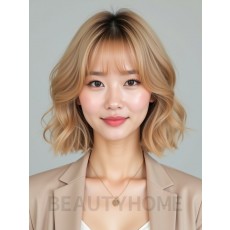 골든 블론드 귀밑 컬 단발+시스루뱅