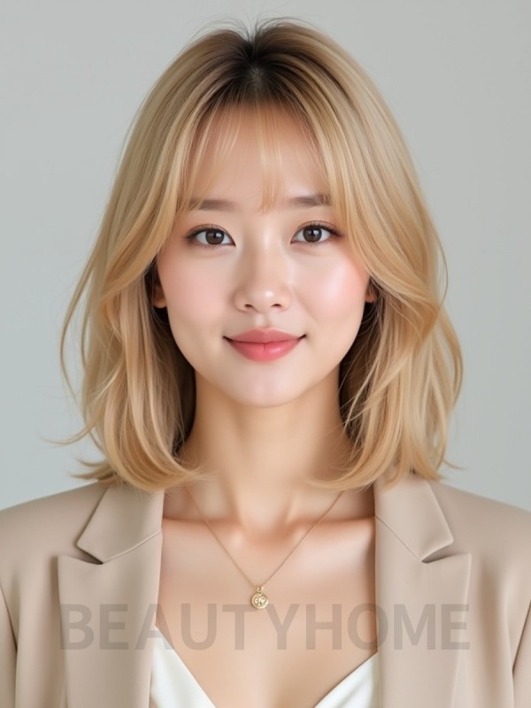 골든 블론드 턱선 그라데이션 단발+풀뱅