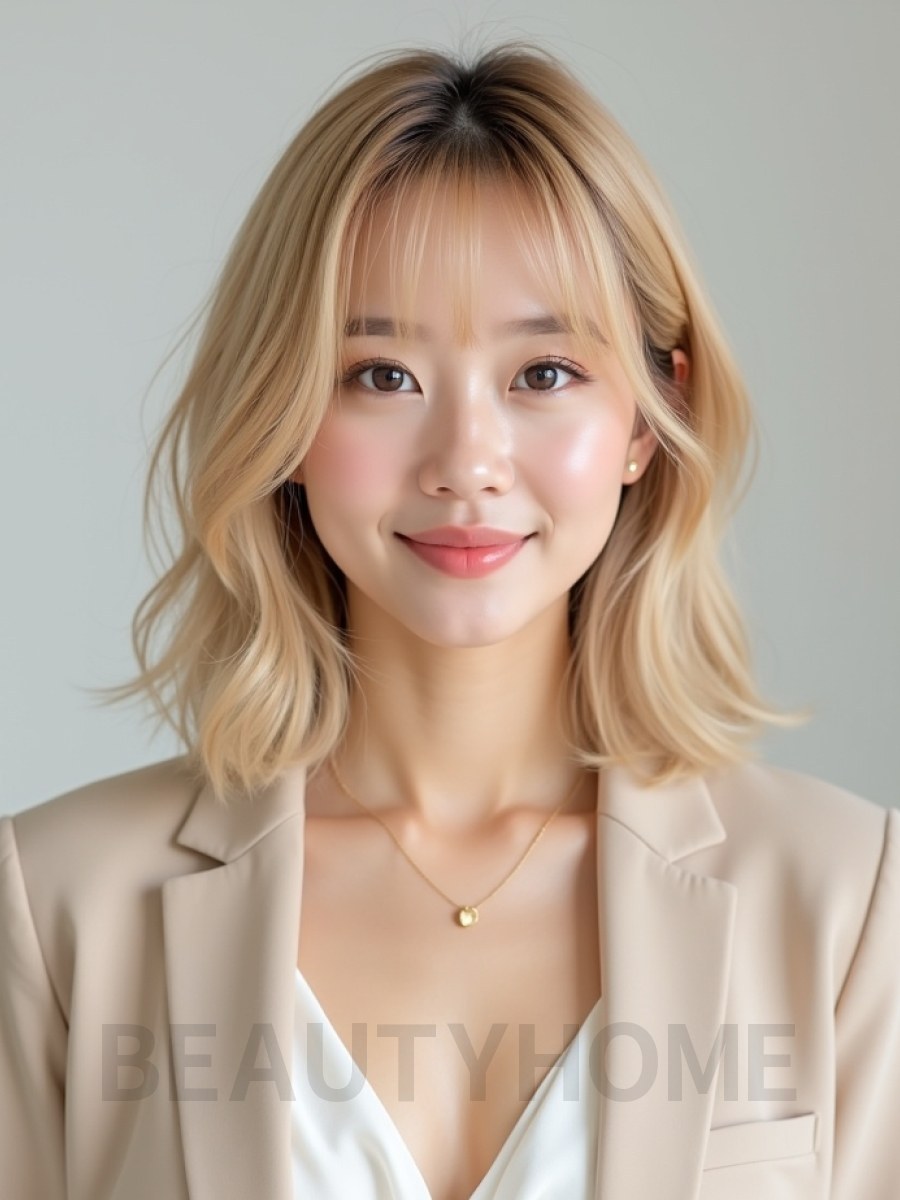 골든 블론드 턱선 텍스처 단발+사이드뱅