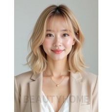 골든 블론드 턱선 텍스처 단발+사이드뱅