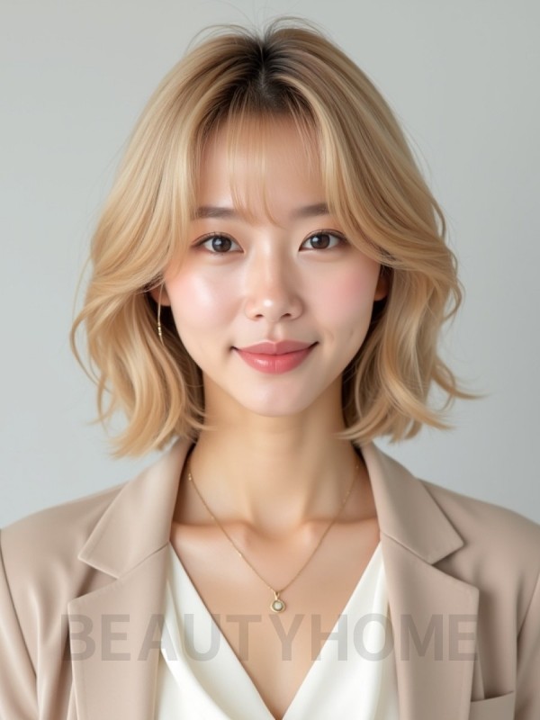 골든 블론드 귀밑 인버티드 단발+사이드뱅