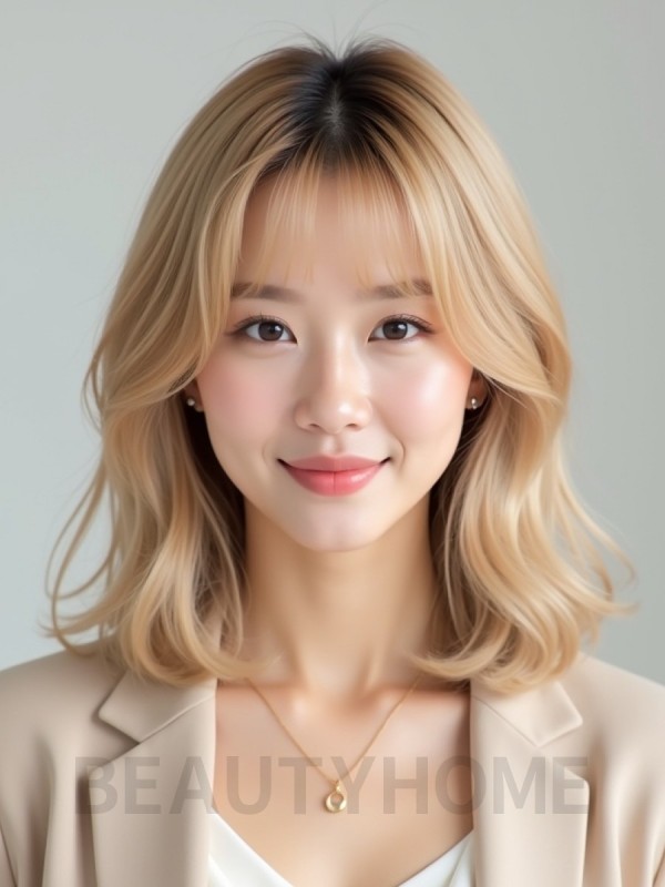 골든 블론드 턱선 텍스처 단발+시스루뱅