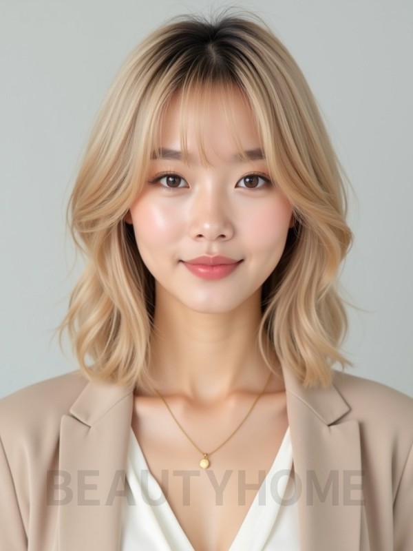골든 블론드 턱선 레이어드 단발+뱅