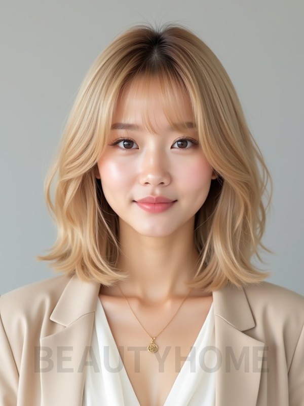 골든 블론드 턱선 인버티드 단발+풀뱅