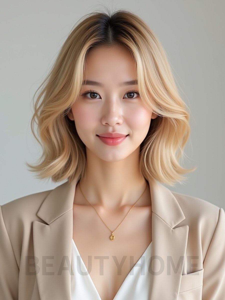 골든 블론드 귀밑 텍스처 단발+시스루뱅