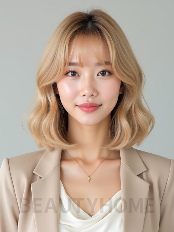 골든 블론드 귀밑 스트레이트 단발+커튼뱅