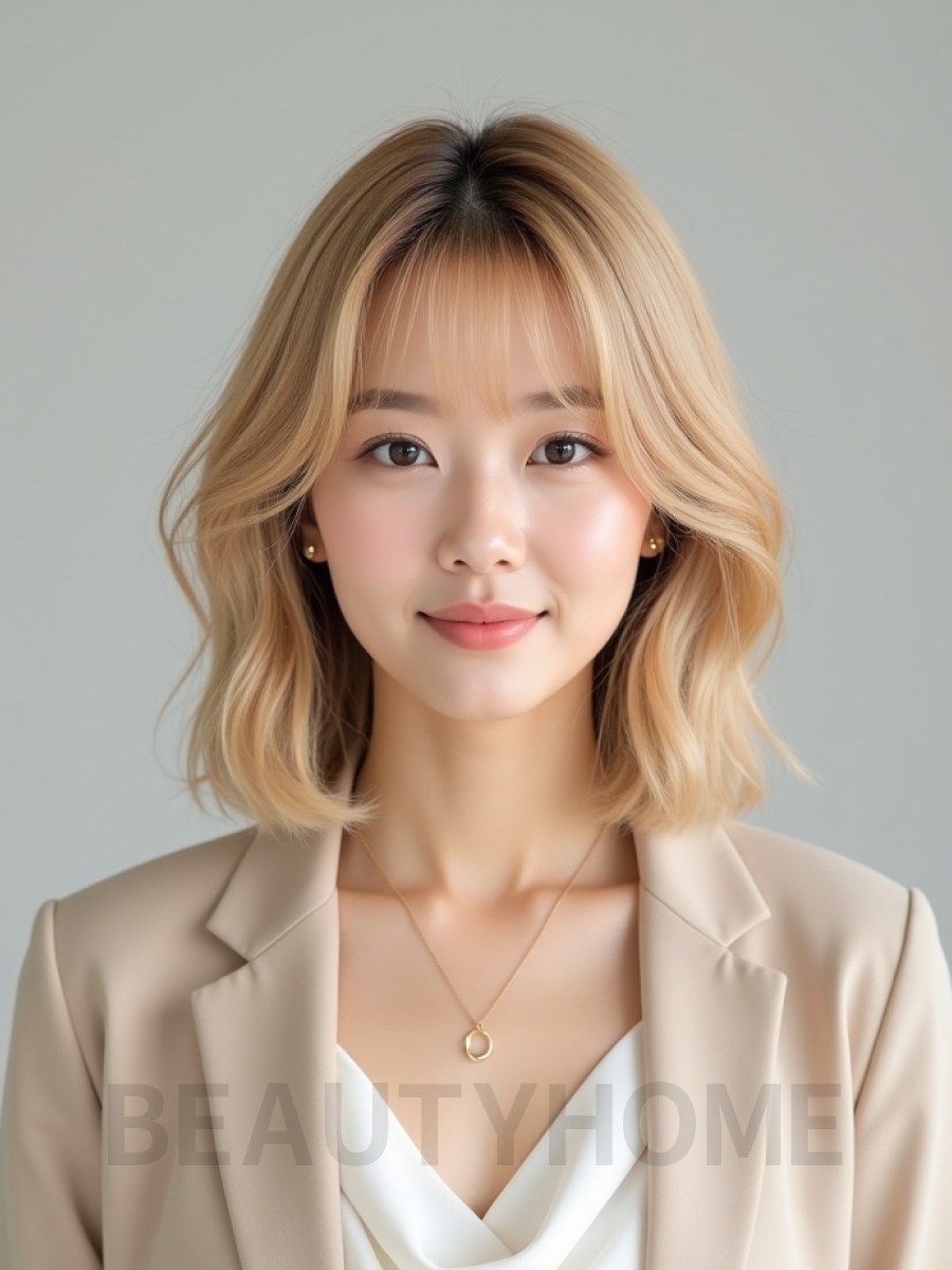 골든 블론드 귀밑 비대칭 단발+커튼뱅