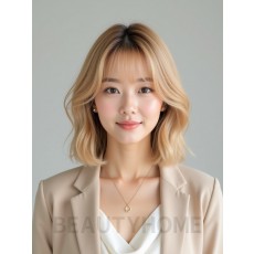 골든 블론드 귀밑 비대칭 단발+커튼뱅