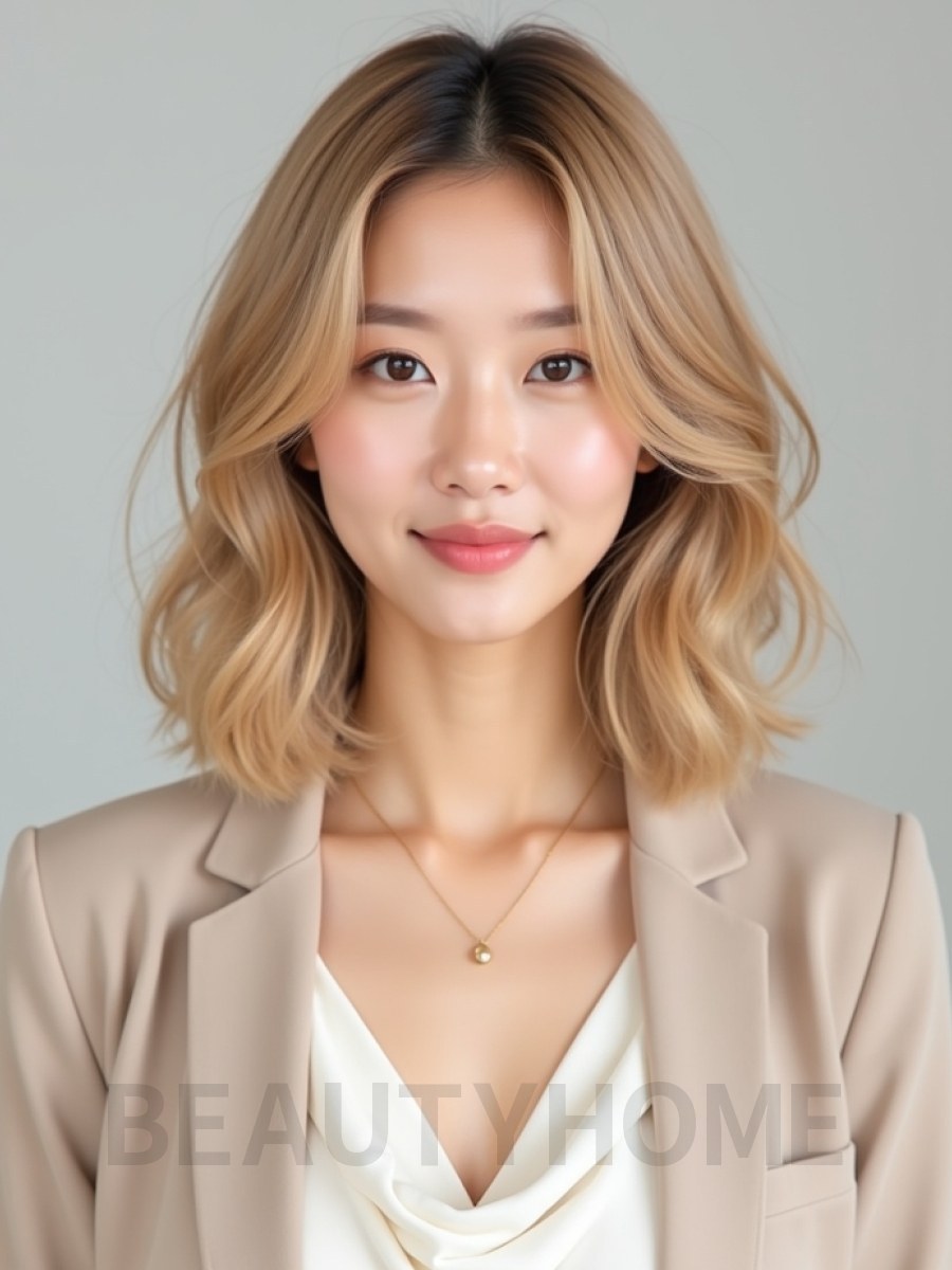 골든 블론드 턱선 컬 단발+사이드뱅