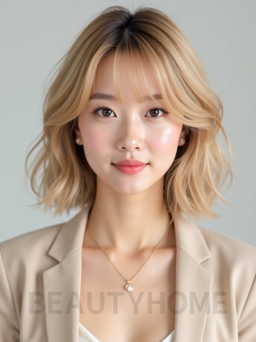 골든 블론드 귀밑 레이어드 단발+뱅