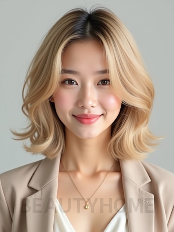 골든 블론드 귀밑 컬 단발+사이드뱅