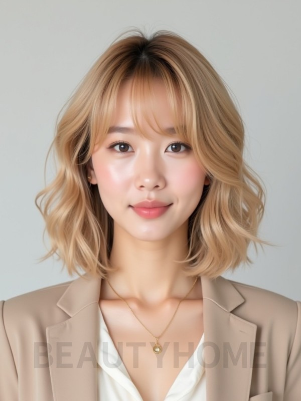 골든 블론드 귀밑 비대칭 단발+사이드뱅