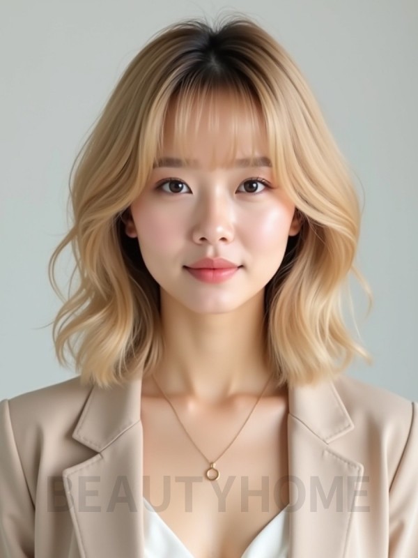 골든 블론드 귀밑 비대칭 단발+뱅