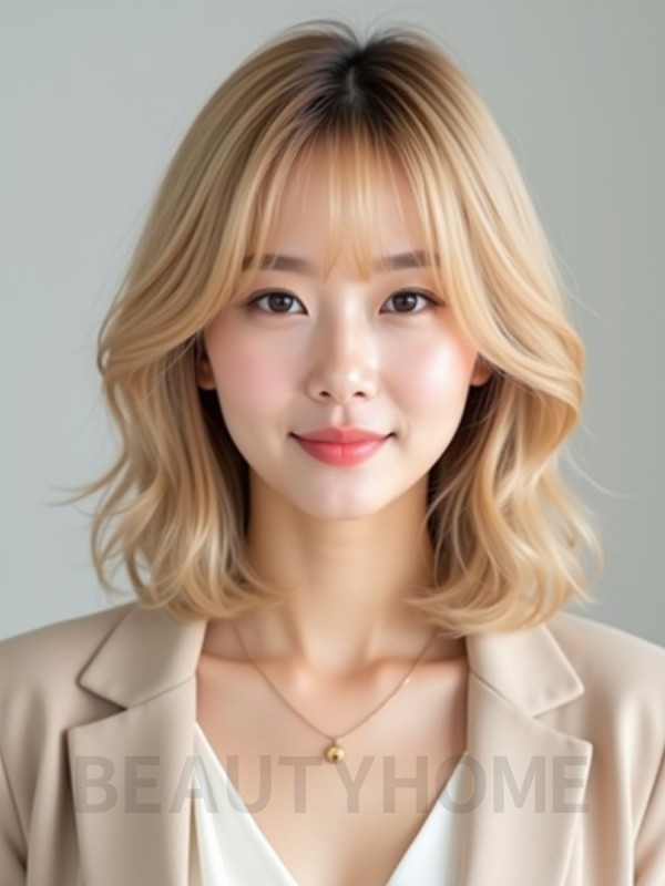 골든 블론드 턱선 그라데이션 단발+시스루뱅