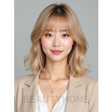 골든 블론드 턱선 스택 단발+커튼뱅
