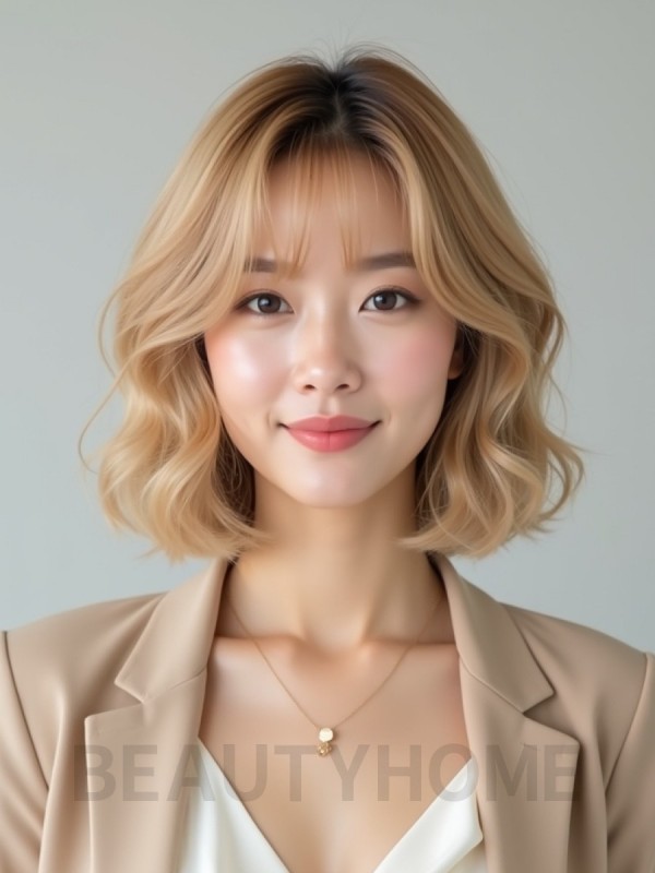 골든 블론드 턱선 웨이브 단발+시스루뱅