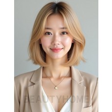 골든 블론드 턱밑 스트레이트 단발+사이드뱅