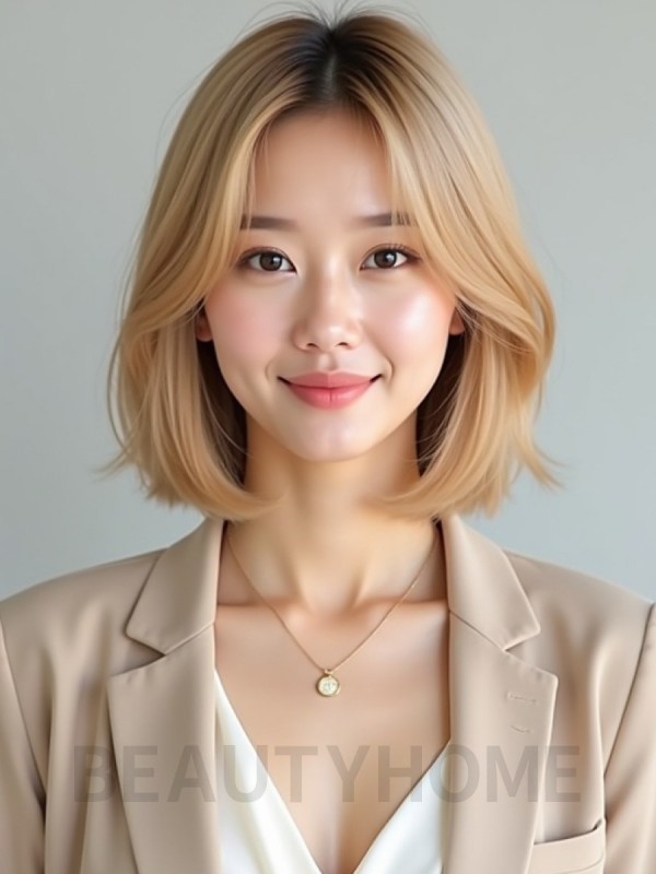 골든 블론드 턱밑 스트레이트 단발+사이드뱅