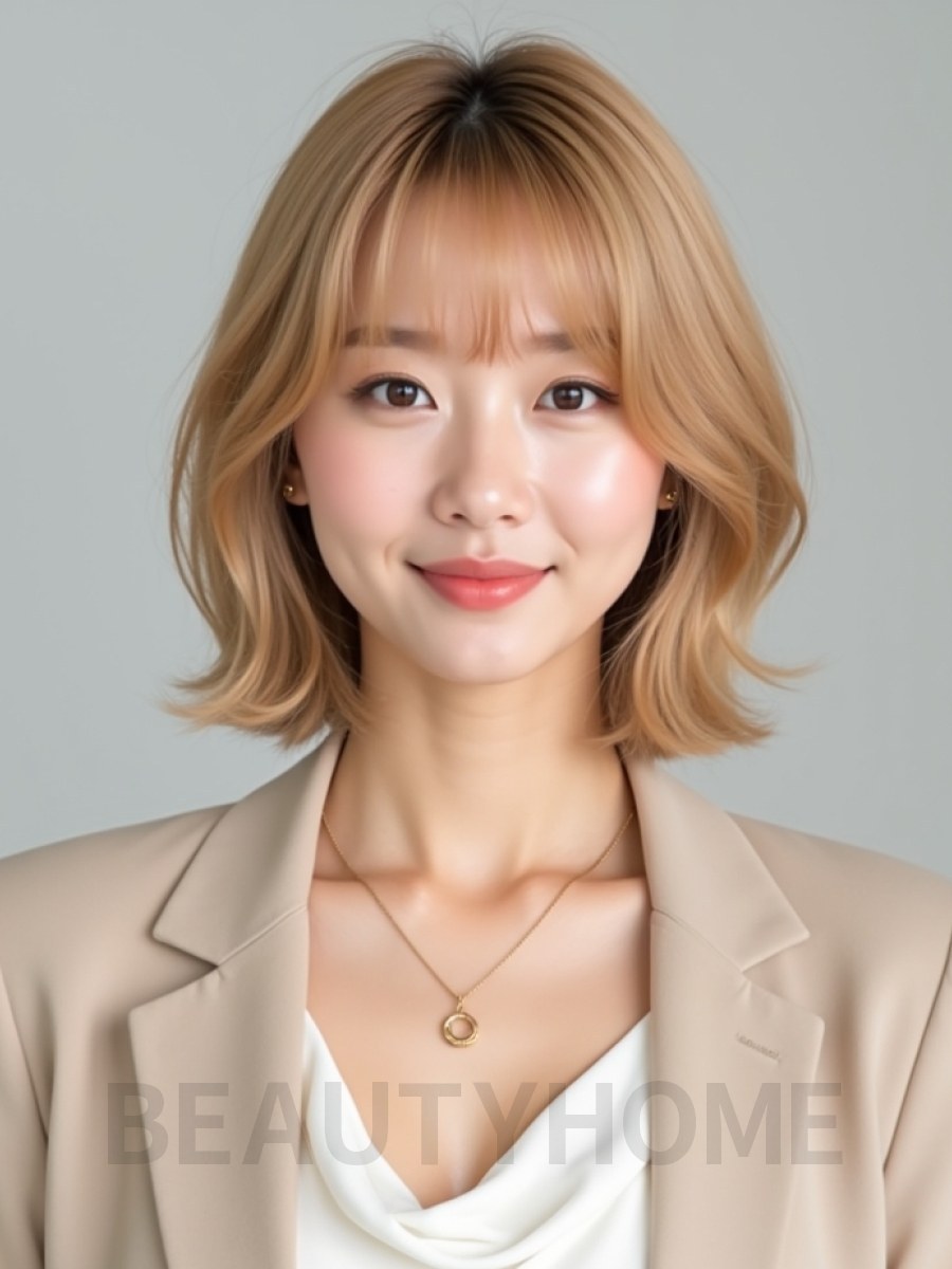 골든 블론드 턱선 스택 단발+뱅