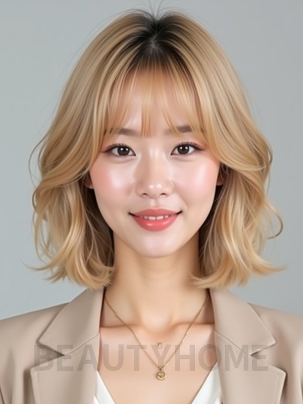 골든 블론드 귀밑 레이어드 단발+커튼뱅