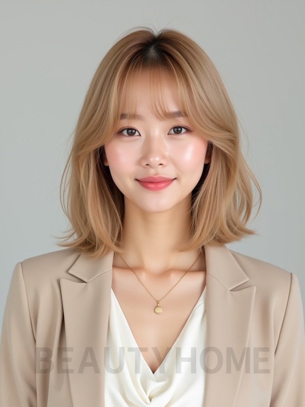 골든 블론드 턱선 텍스처 단발+풀뱅